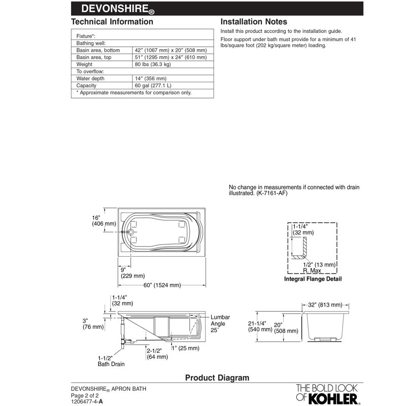 K1184LA0 Kohler Devonshire 60" x 32" Alcove Soaking Acrylic Bathtub